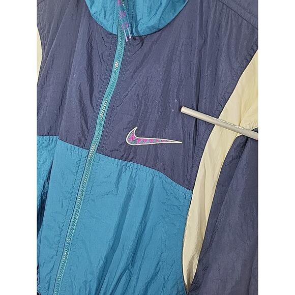 90s Nike Windbreaker Jacket M (10-12) Teal Purple Colorblock BIG Swoosh Track - Picture 14 of 15